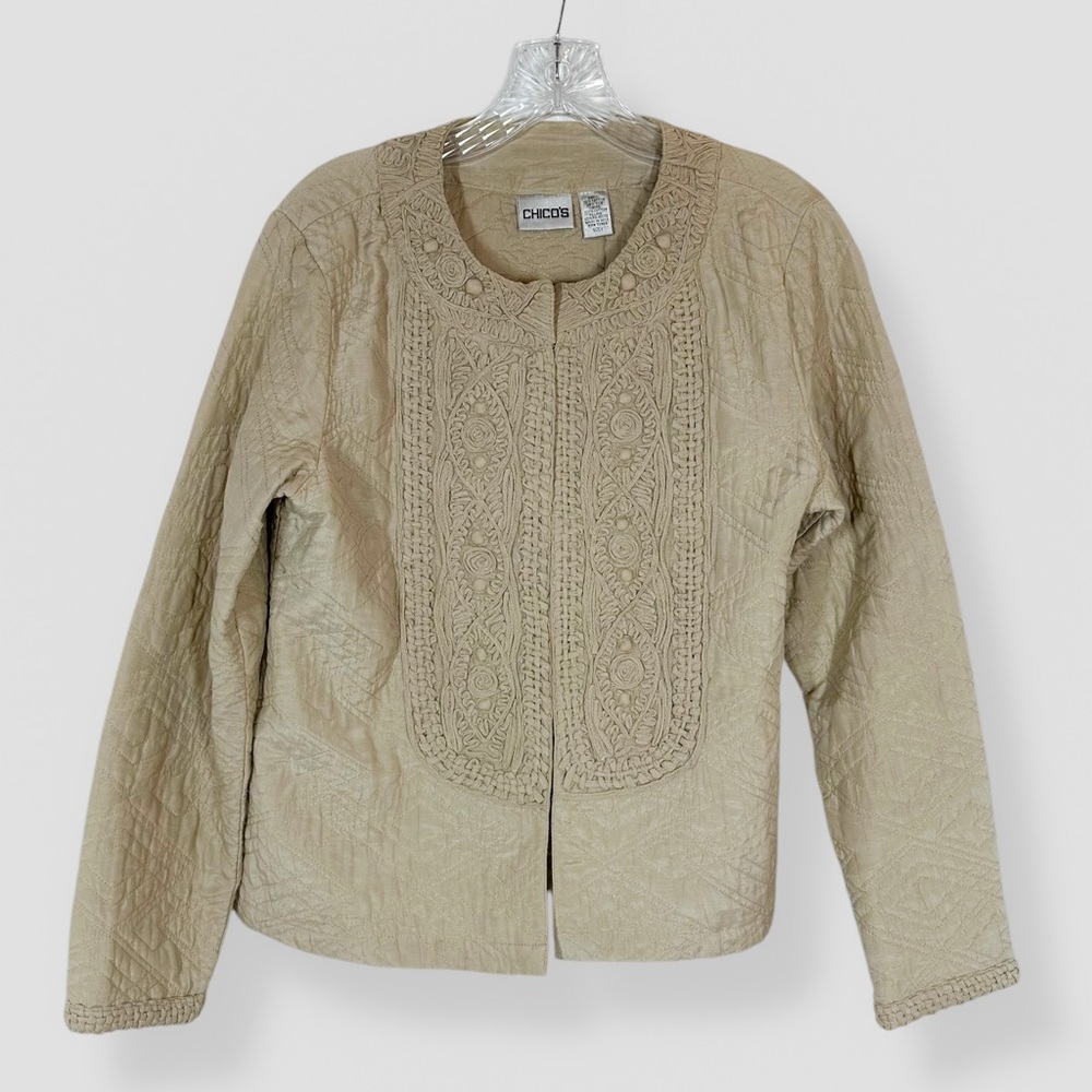 Chicos Jacket Size 1 Medium Embroidered Silk Cotton Blend Tan Quilted Stitching